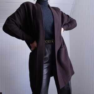Drop dead gorgeous‎ 1990s Donna Karan cocoa brown ribbed knit longline cardigan